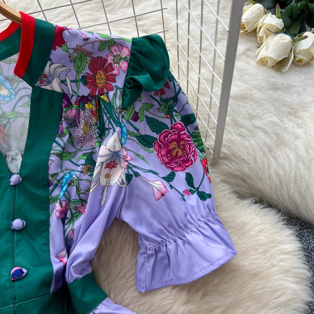 Summer Women Vintage Print Runway Dresses V-neck Single Breasted Mini Short Party Dress