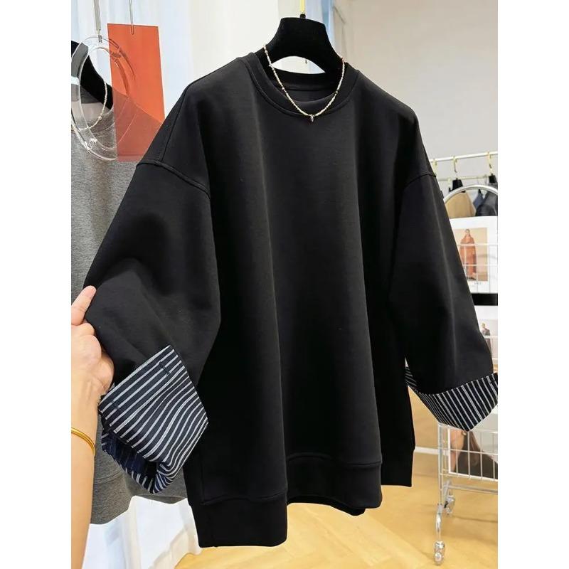 Autumn Winter Women's Pullover Round Neck Hoodie Lazy Style Splicing Design Fake Two Piece Loose Long Sleeve Tops