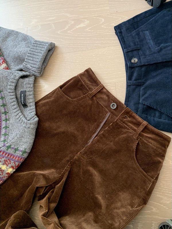 CHAO-Level Brown Corduroy Slim Straight-Leg Pants, Maillard Style Velvet Wide-Leg Women's Wear
