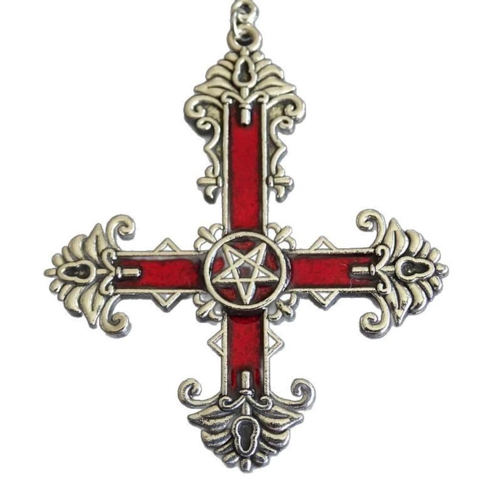 Retro Fashion Ancient Silver Carved Five-pointed Star Symbol Cross Pendant Necklace for Men Women Halloween Exquisite Jewelry