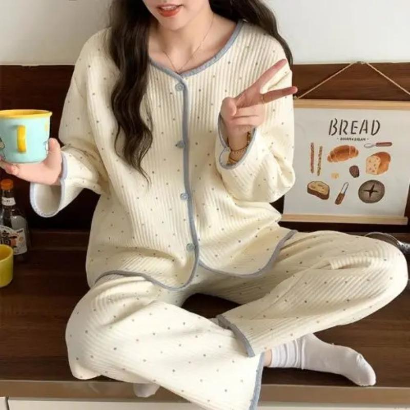 Heart Print Sleepwear Women Pajama Sets Korean Piiama Ruffles Pants Sets for Women 2 Pieces Autumn Night Wears Button Home Suit