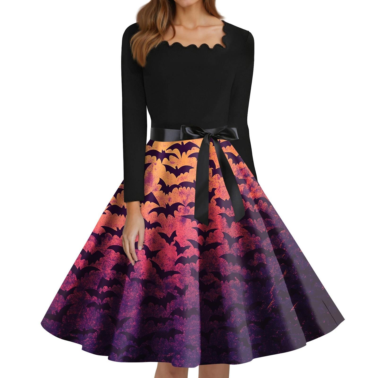 

Women s Fashion Square Neck Casual Slim Halloween Printed Long Sleeve Dresses XXXL