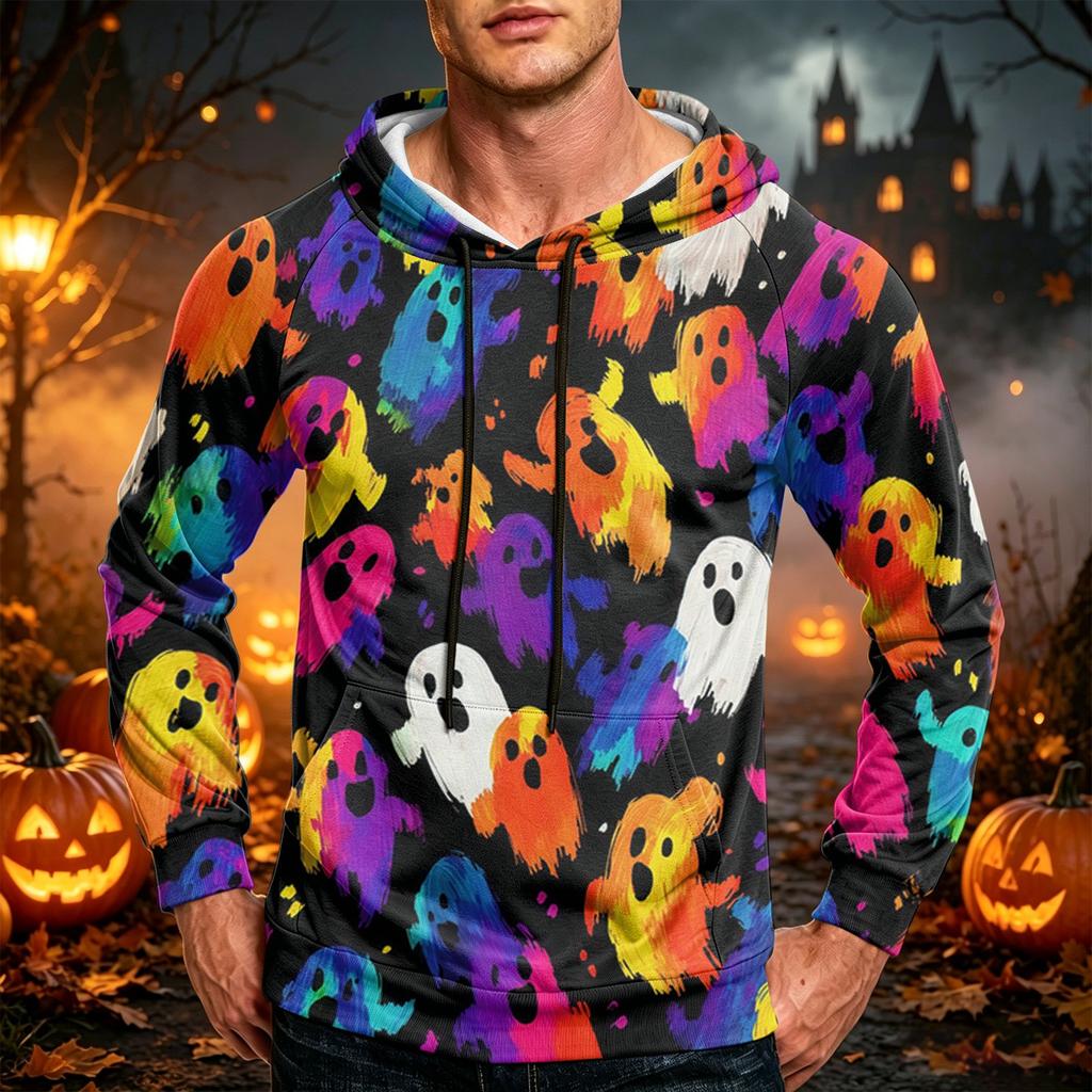 Men's Casual Loose Fit Printed Hoodie with Kangaroo Pocket and Drawstring for Everyday Wear