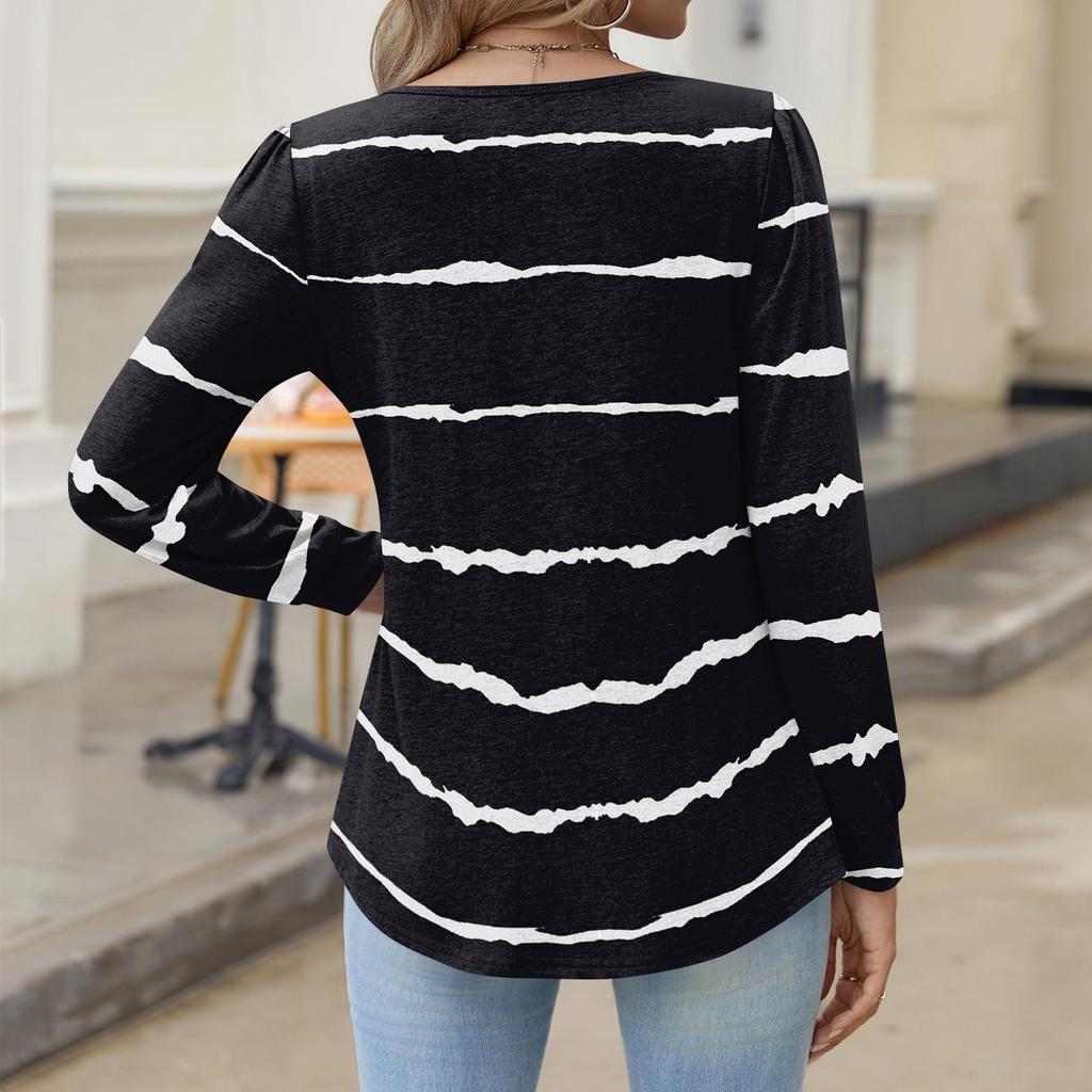 Women's Fashionable Casual V-neck Blouse Button Long-sleeved Pullover T-shirt Top