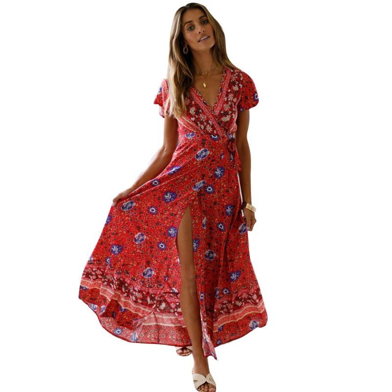 Summer Short Sleeve Casual Printed Long Dress Sexy Floral Fashion Elegant Loose Holiday A-line High Slit Party Dress Slim Fit Women's Clothing