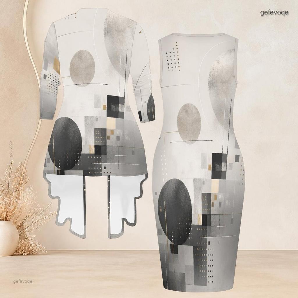 Women Plus Size Two Piece Set Abstract Printed Long Sleeve Draped Cardigan Sleeveless Bodycon Dress