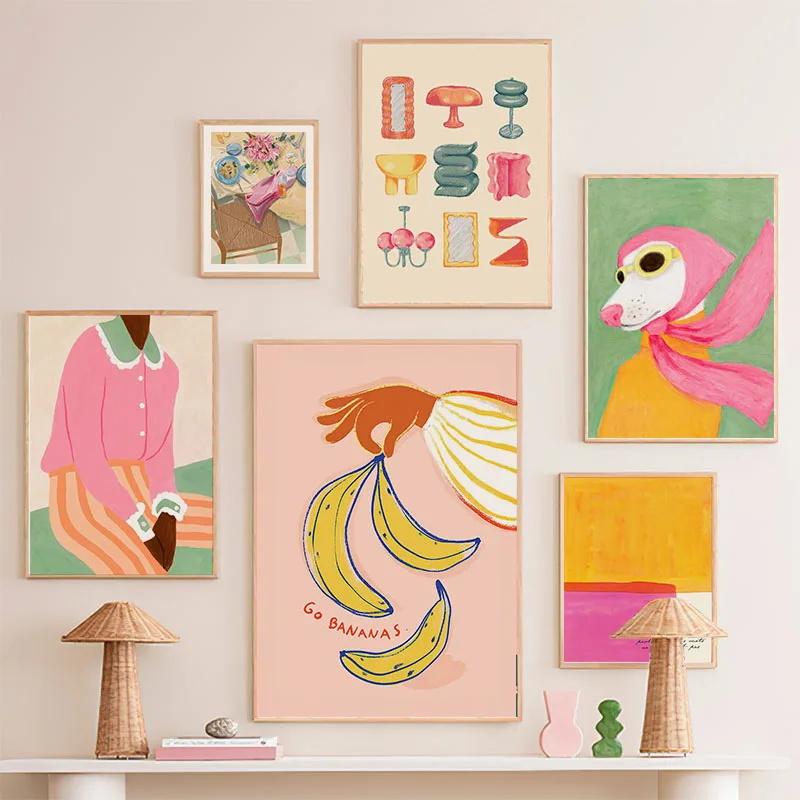 Mode Mädchen Hund Vase Blume Banane Abstrakt Poster und Drucke Wandkunst Leinwand Malerei Bild Hotel Bar für Wohnzimmer Dekor