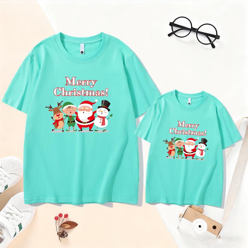 2026 Christmas Parent-Child T-Shirt - Santa & Reindeer Design for Families of 3-4, Pure Cotton, Short-Sleeve