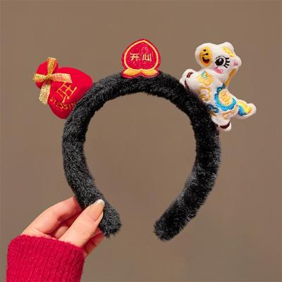 Süßes Cartoon Neujahrs-Stirnband Glückskatzen-Maskottchen Pferdehaar-Stirnband Rotes Glücks-Plüsch-Pferdekopf-Stirnband Damen