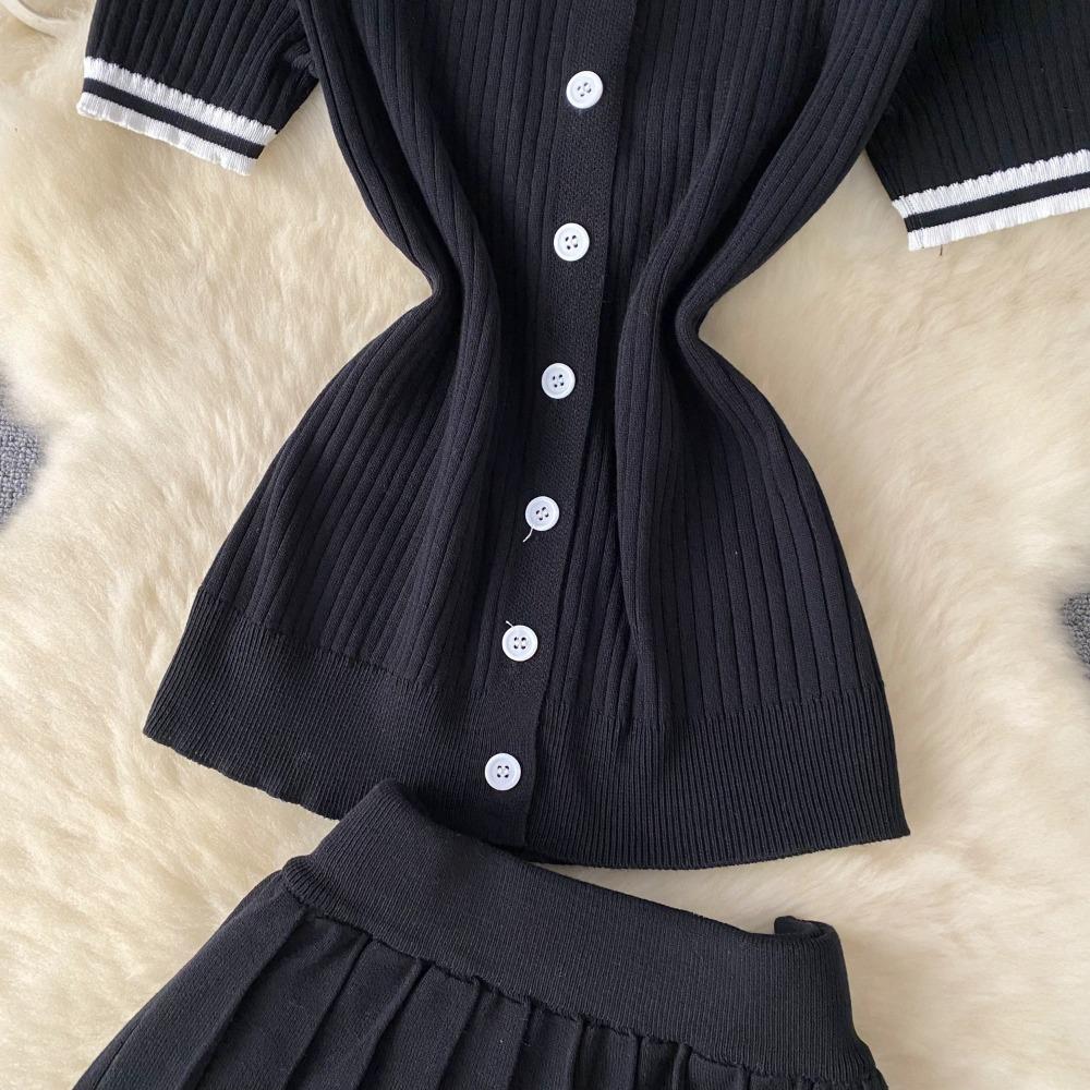Two 2 Pieces Set for Women Summer Sexy Polo Collar Short Sleeve Buttons Knit Top and Elastic Waist Mini Pleated Skirt Suits