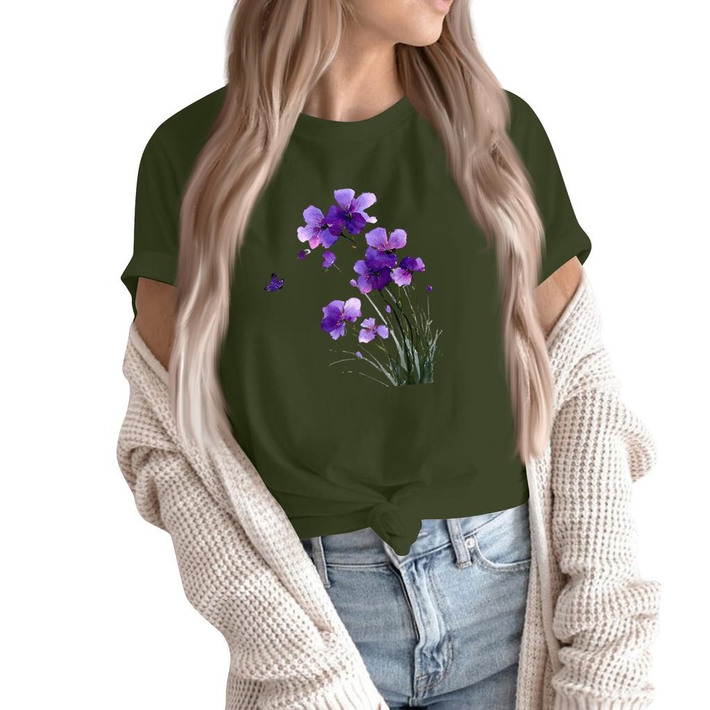 Camiseta Pulóver Casual de Moda para Mujer con Cuello Redondo Estampado y Manga Corta