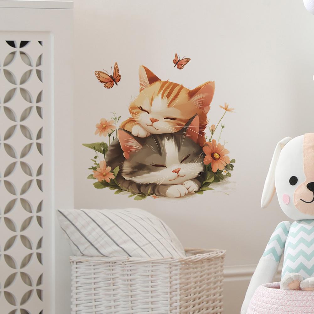 Ζεστά Γατάκια που Κοιμούνται Αυτοκόλλητα Τοίχου Αξιολάτρευτη Κινούμενη Εικόνα Γάτας για Ύπνο Τοιχογραφία για Παιδικό Δωμάτιο, Βρεφονηπιακό, Σαλόνι και Διάδρομο Διακόσμηση