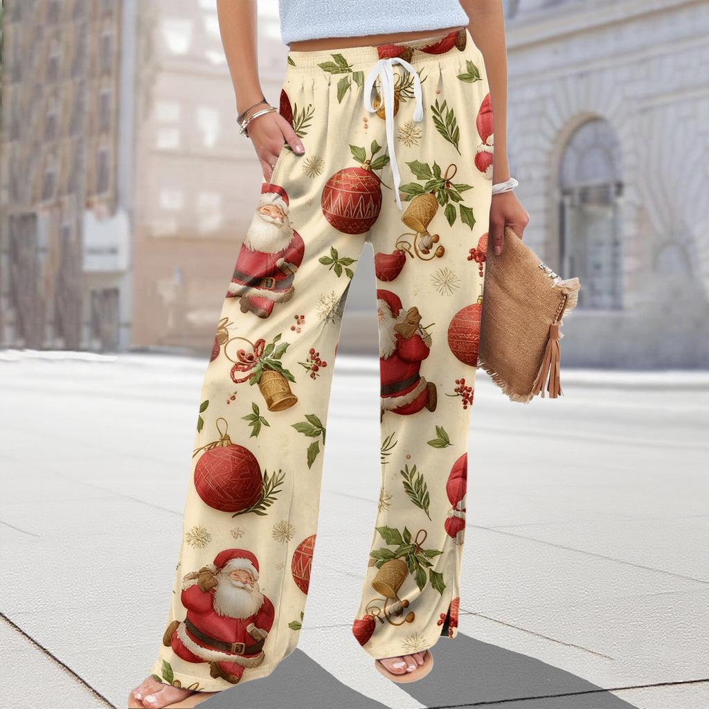 Ladies' Loose And Casual Christmas Printed Wide Leg Pants With Elastic Waistband Drawstring And Pocket Pants