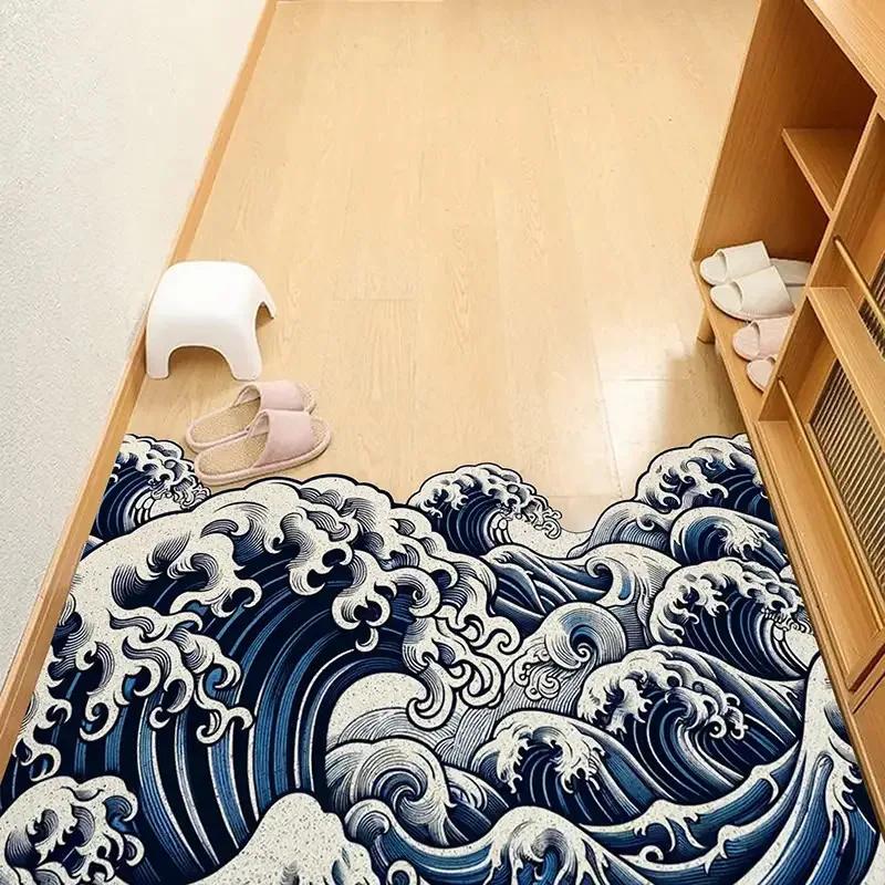 Kanagawa Surf Ukiyo-e Irregular Doormat, Japanese Style Non-Slip Foot Mat, Durable Entryway Rug, Artistic Home Decoration