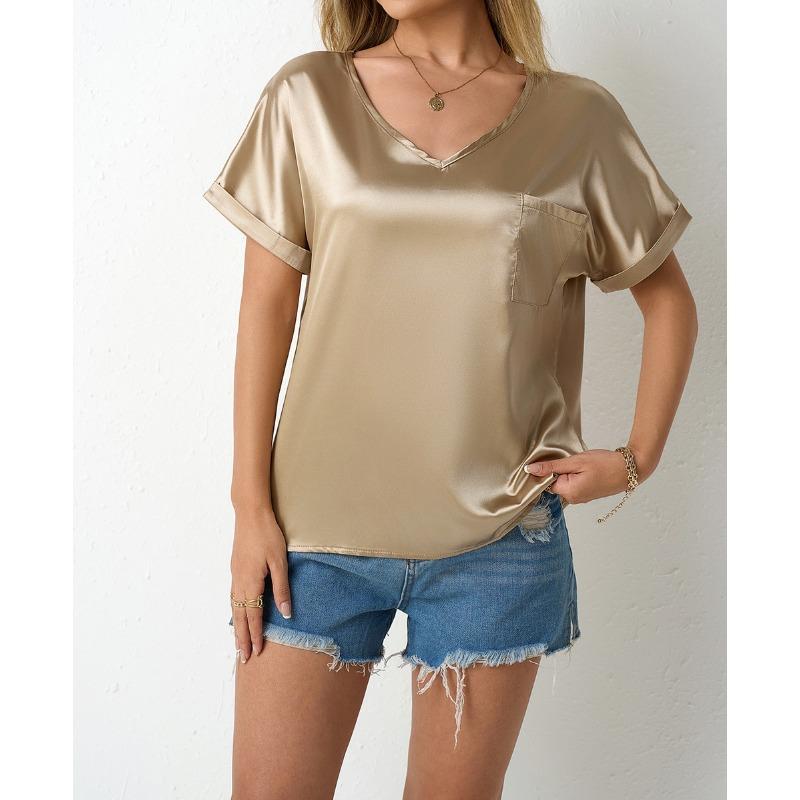Women's Spring and Summer Solid Color Satin Top Loose Pocket Curled Short Sleeve Casual Blouses & Shirts