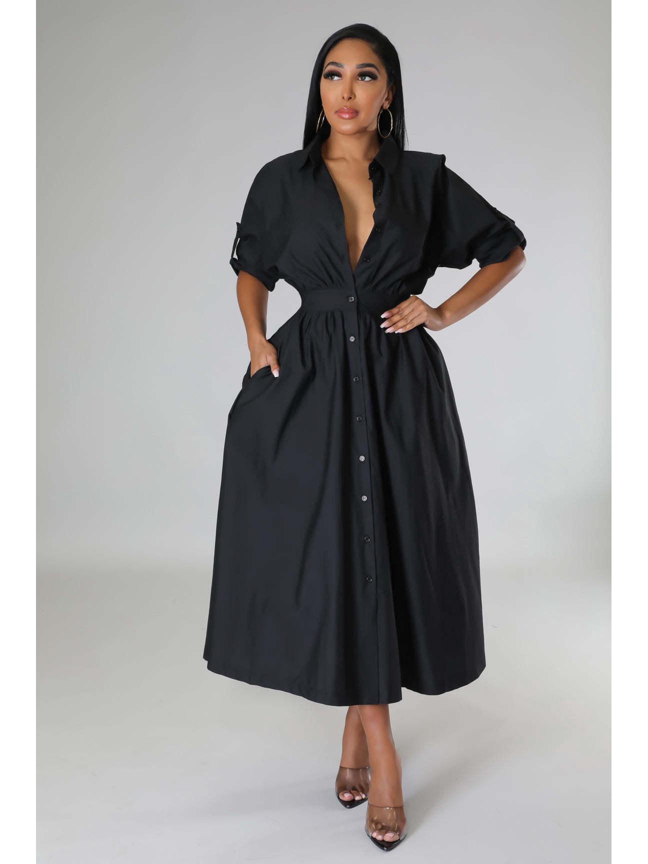 

Европейская и американская женская мода эластичное длинное платье-рубашка со свободной талией и длинными рукавами Large