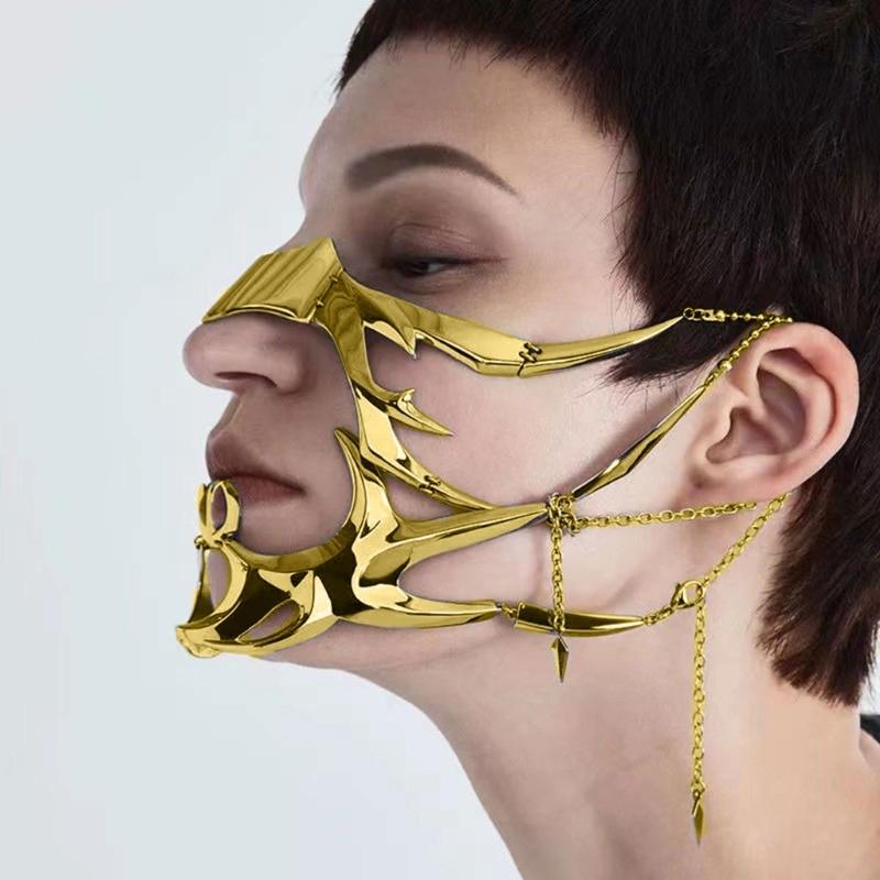 Maschera Metallica Irregolare Decorazione Viso Vuoto Meccanica Accessori Viso Fluidi Gioielli per Festa in Maschera di Halloween