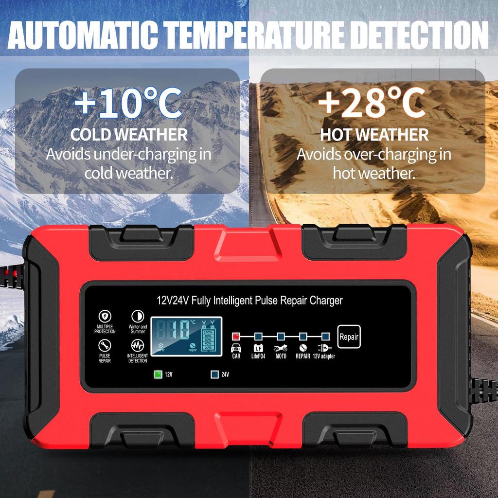 12V/24V 10A Smart Pulse Car & Motorcycle Battery Charger with Large Display