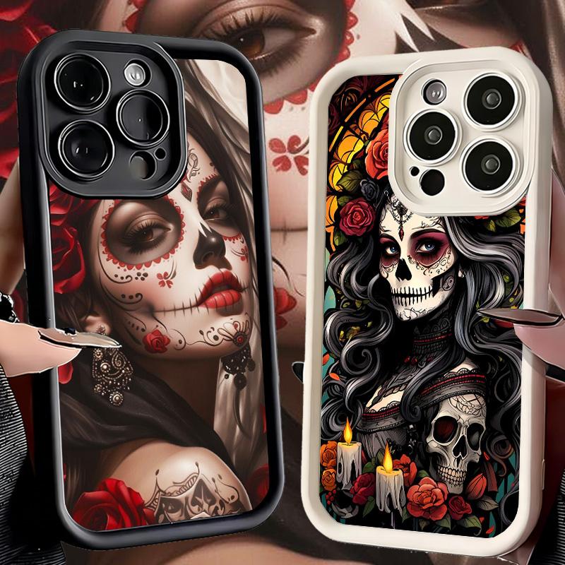 Phone Case for iPhone 17 Air 16E 15 16 Pro Max Catrina Beautiful Rose Girl Skull Cover 14 Plus 13 12 Mini Soft Shell Silicone Fu