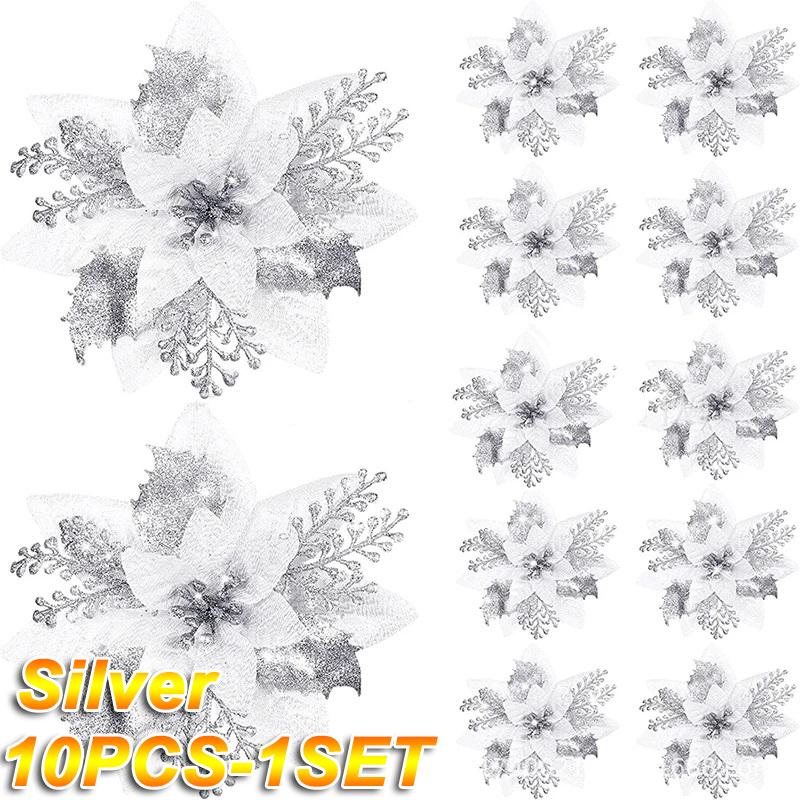 100pcs Glitter Artifical Christmas Flowers Mreey Christmas Tree Decoration Happy New Year Ornaments Xmas Fake Flowers natal