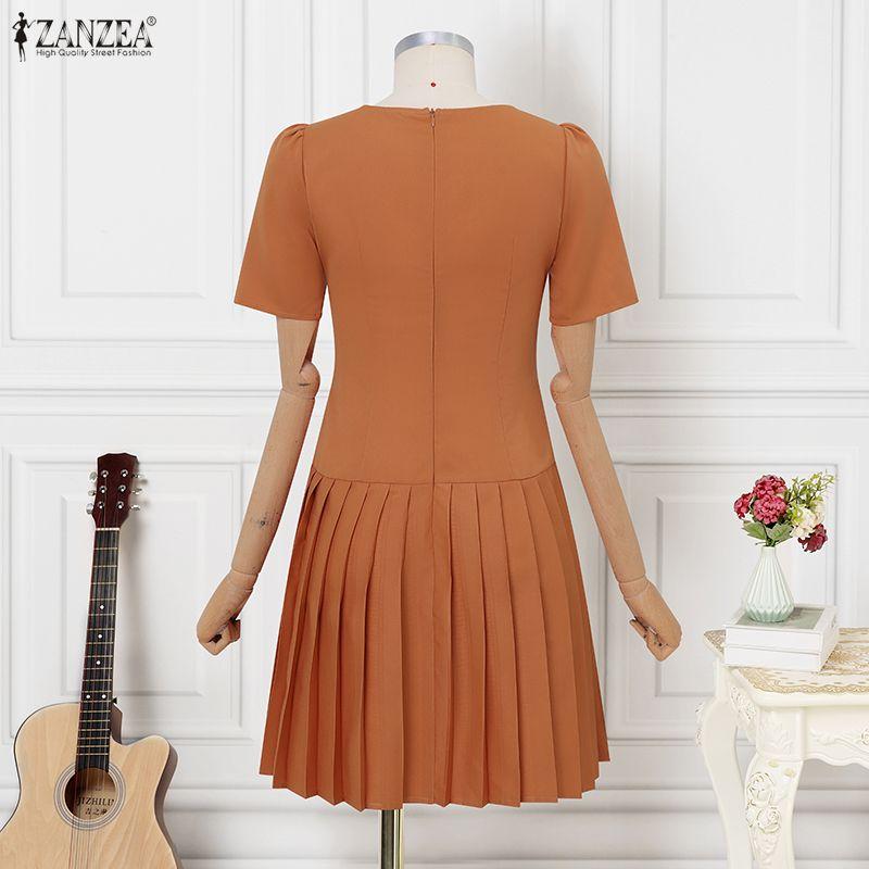 ZANZEA Women Casual Round Neck Solid Color Short Sleeve Dress