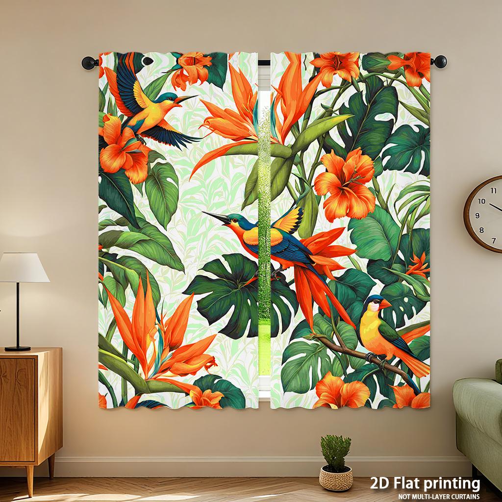 Piece Set High Definition Digital Printed Curtainstropicalfloralpatternbirdsorangegreenhome Decoration Style Curtain Made Of Polyester