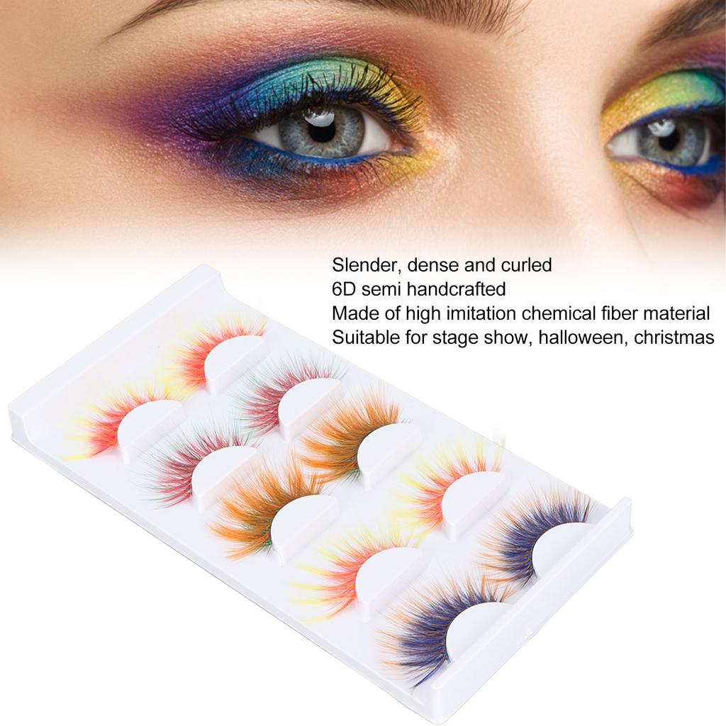 5 Pairs Colorful Eyelashes 6D Gradient Long Curled Soft Colored False Eye Lashes for Halloween Christmas Stage Show