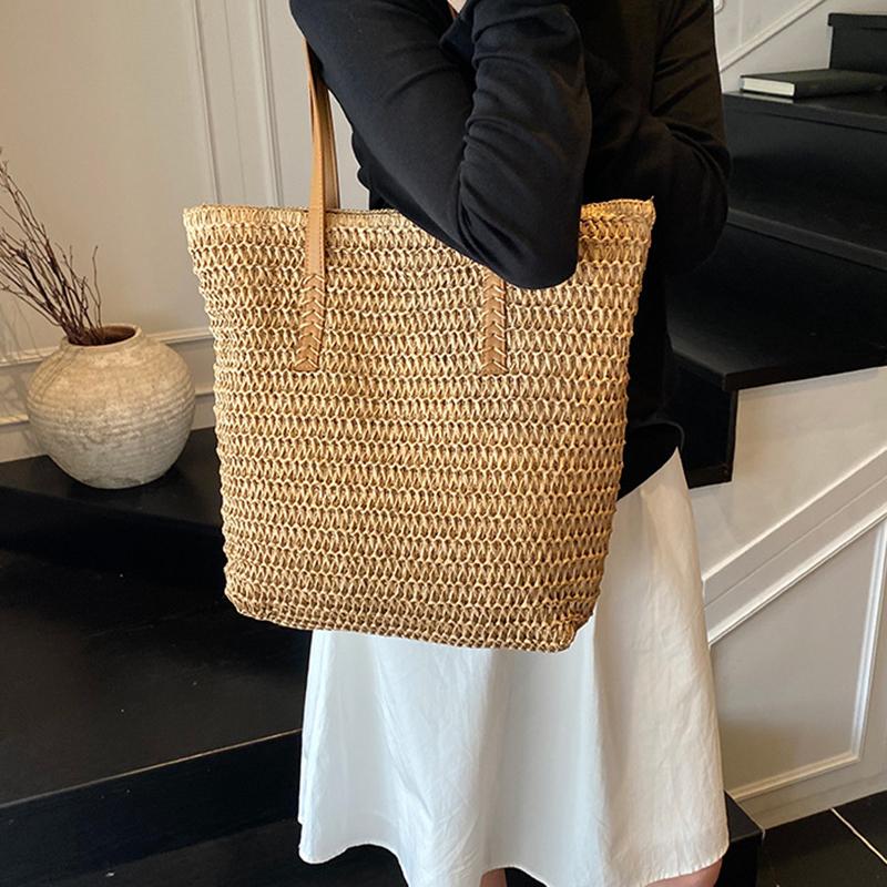 Women Top-Handle Bags Straw Summer Beach Straw Bucket Bag Woven Tote Purse Casual Travel Handbags for Women
