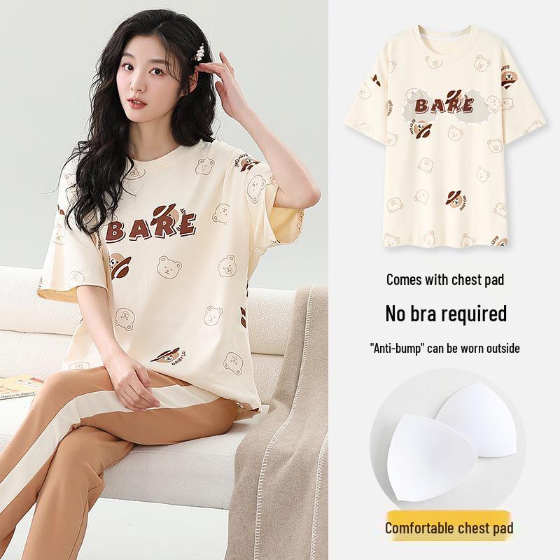 Damski kreskówkowy komplet piżamy z krótkim rękawem i wkładkami na biust - Letni bawełniany długi komplet domowy 2025