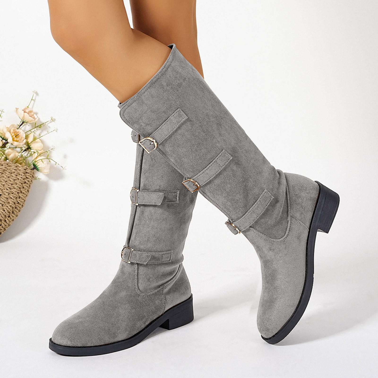 

Chunky Heel Women s Boots With Belt Mid Calf Boots Retro Fashion Suede Boots Mid Calf Boots Leather Lace up Boots for Women 37 темно-сірий