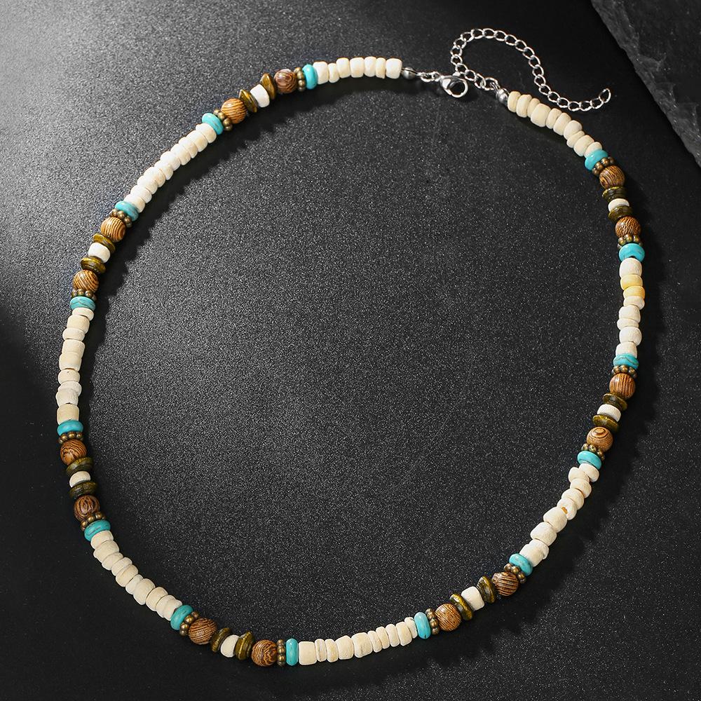 Natural Turquoise Wood Bead Splicing Men's Necklace Versatile Neutral Wind Wood Chips Coconut Shell Stainless Steel Necklace