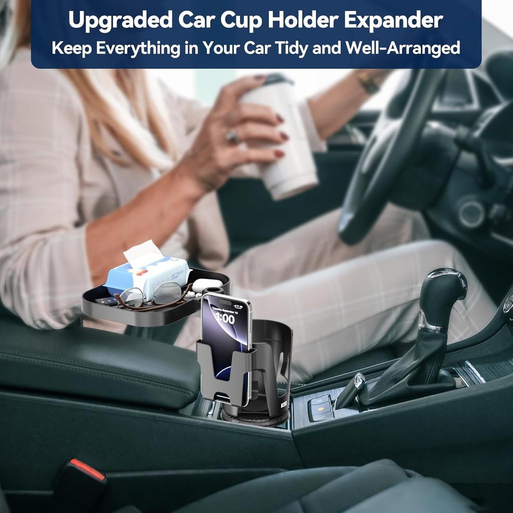 KDD Car Cup Holder Expander - 3 In 1 Cup Holder Adapter With Adjustable Base - Detachable Phone Holder & 360° Rotation Food Tray For Car -