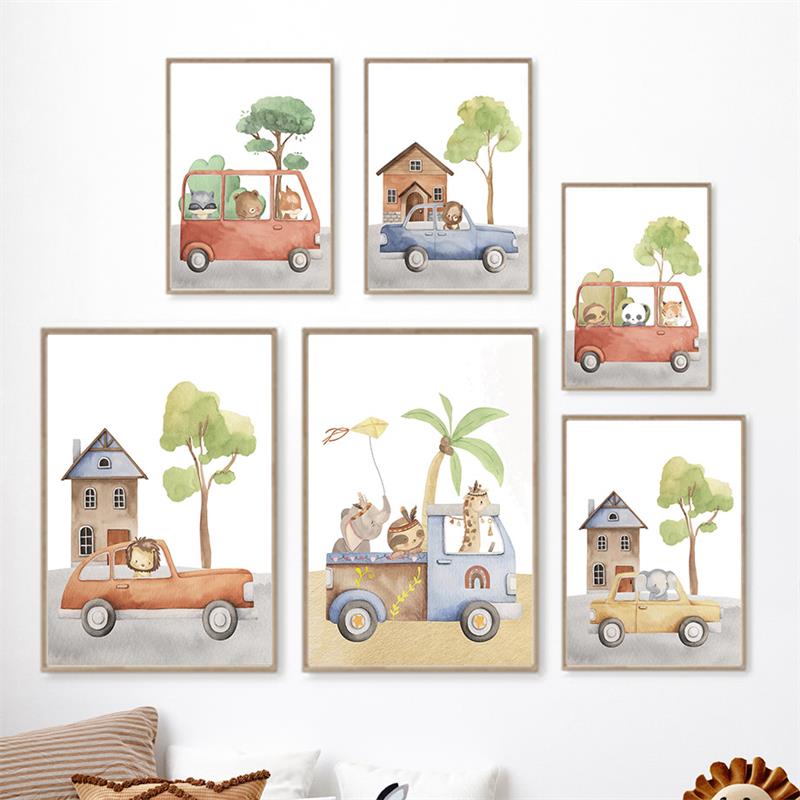 Car Giraffe Lion Elephant Monkey Jungle Animals Wall Art Canvas Painting Nordic Posters And Prints Pictures Baby Kids Room Decor
