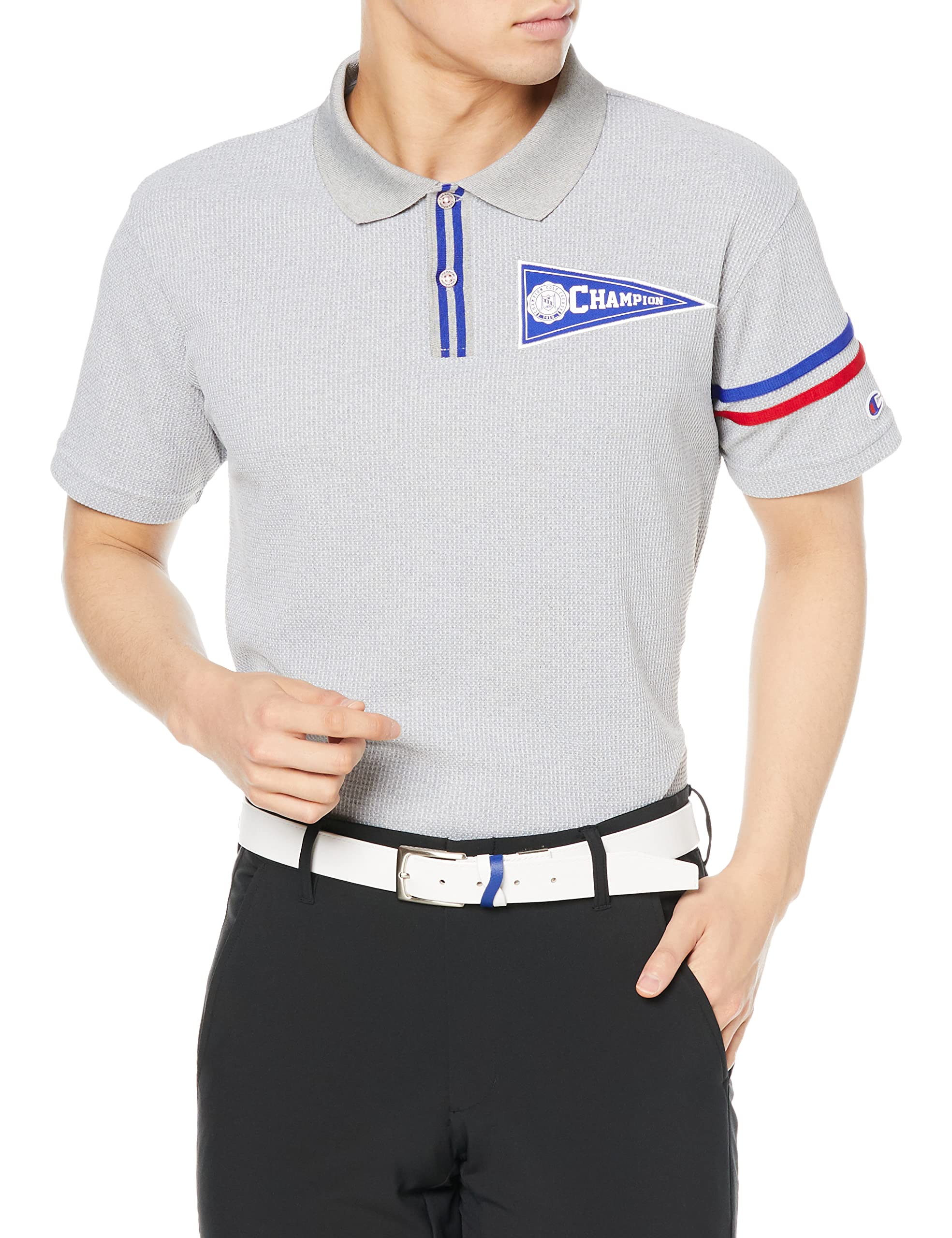 

Champion Shadan Waffle Short Sleeve Polo UV Oxford Size XL Shirt, Quick-Drying, Heat-Shielding, Protection, One-Point Logo, Golf, Men s Gray,