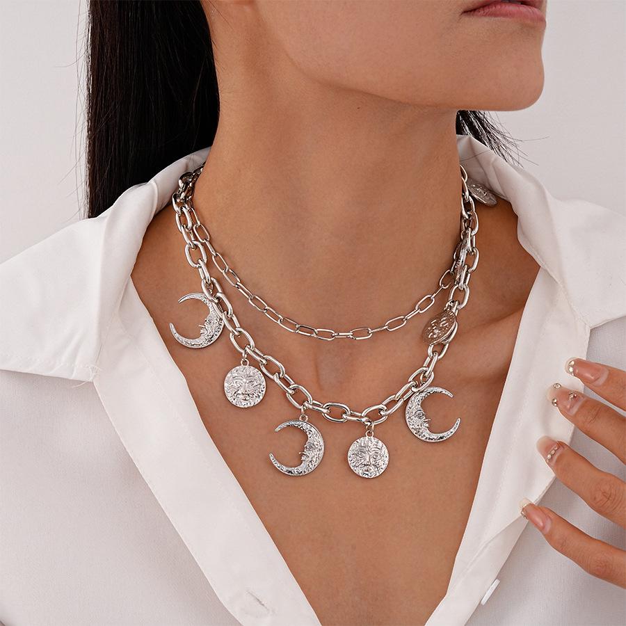 European & American Metallic Moon Sun Double Layer Necklace - High-End Retro Statement Piece for Women
