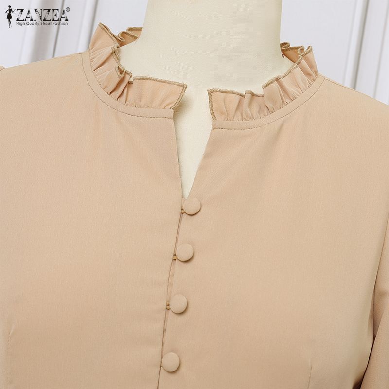 ZANZEA Women Casual V-Neck Solid Color Long Sleeve Loose Long Dress