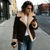 Women Motorcycle Style Loose Mid Length Suede Lamb Wool Cotton Coat