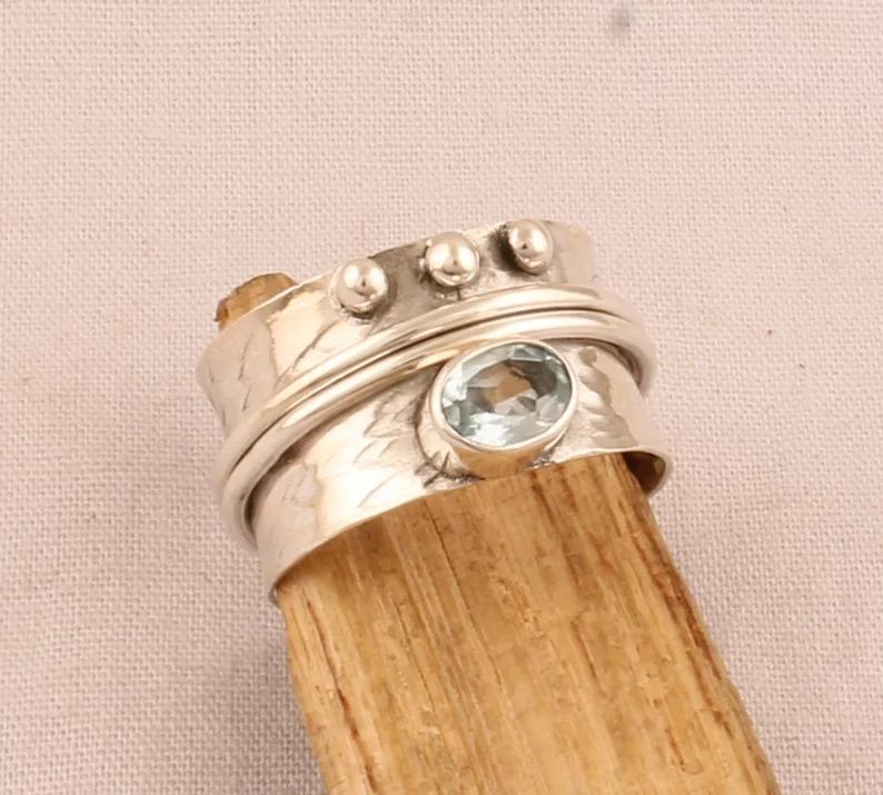 Blue Topaz Gemstone Spinner Band Ring, Statement Ring, 925 Sterling Silver Handmade Designer Ring, Wedding Gifts
