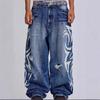 Jade London Vintage Amerikanischer Print Gewaschener Denim Weite Beine Jeans Damen Streetwear Gerader Schnitt Hohe Taille