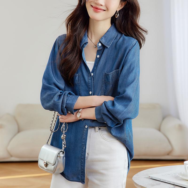 

Ретро Старая Джинсовая Рубашка для Женщин с Длинным Рукавом Весенне-Осенняя Одежда Новый Стиль Топ с Многослойными Плечами XXL