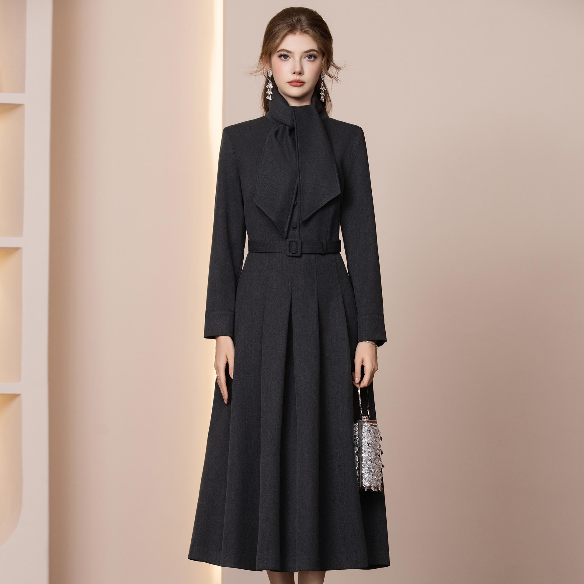 

Zhi Li Elegant Spring 2026 Dress with Scarf: Slimming Long Thickened Wool Coat Dress L