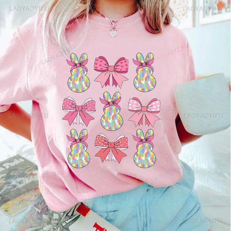 Brushstroke Bunny Easter T Shirt Kawaii Women Short-sleev Tee-shirt Retro Style Streetwear Fashion Casual Cotton Tops Ropa Mujer