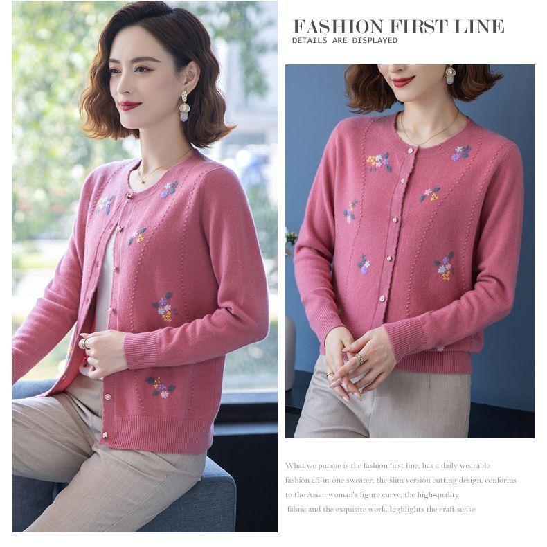 Autumn Winter Women's Wool Cardigan Round Neck Embroidered Knitted Jacket Cardigan Top