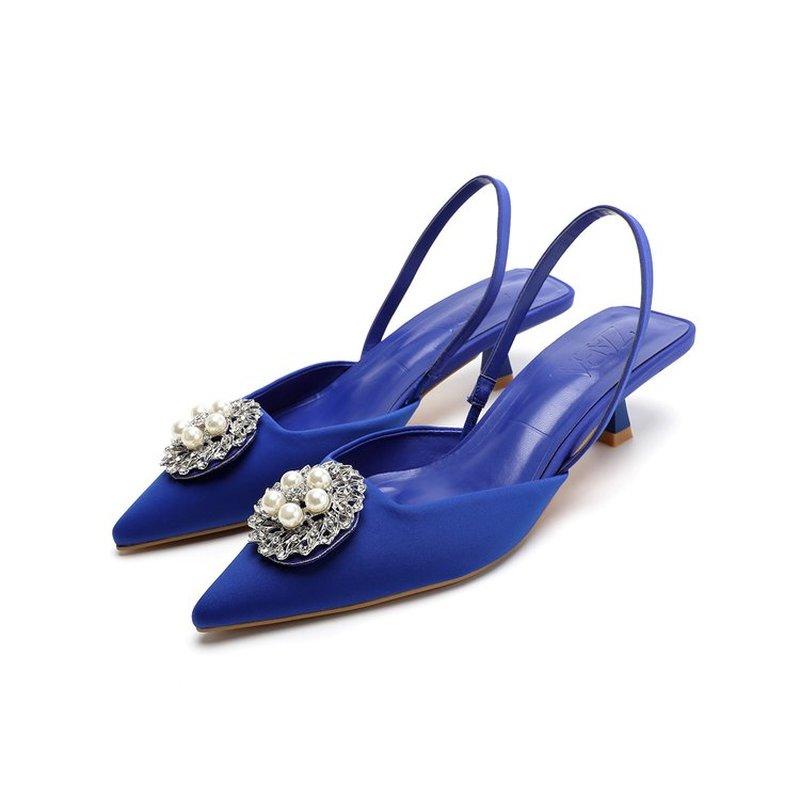 Neue Damenschuhe Spitzschuh Flach Nude Rosa Diamant Perle Schuhe Niedriger Absatz Riemchen hinten Schuhe Damen Sandalen