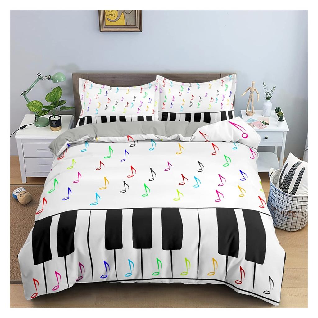 Retro Music Theme Piano Soft with Soft Fabric Duvet Cover - Rotating Musical Notes Design, Black And White Stave, for Young Girls