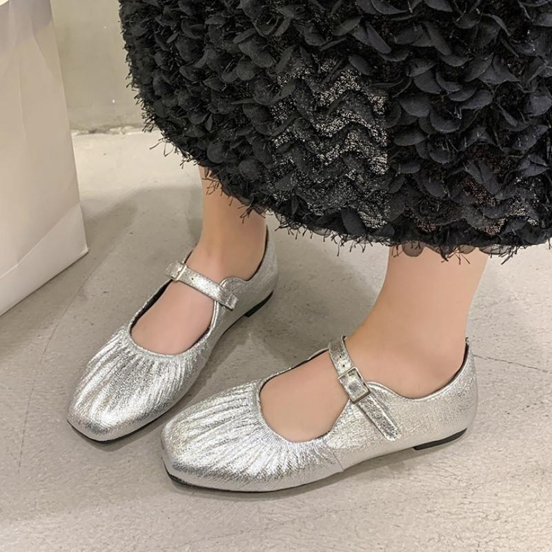 

Мода 2025 Новая натуральная кожа Низкий каблук Весна Лето Круглый носок Туфли Мэри Джейн Женские Формальное платье Леди Неглубокие туфли-лодочки 35 серебряный
