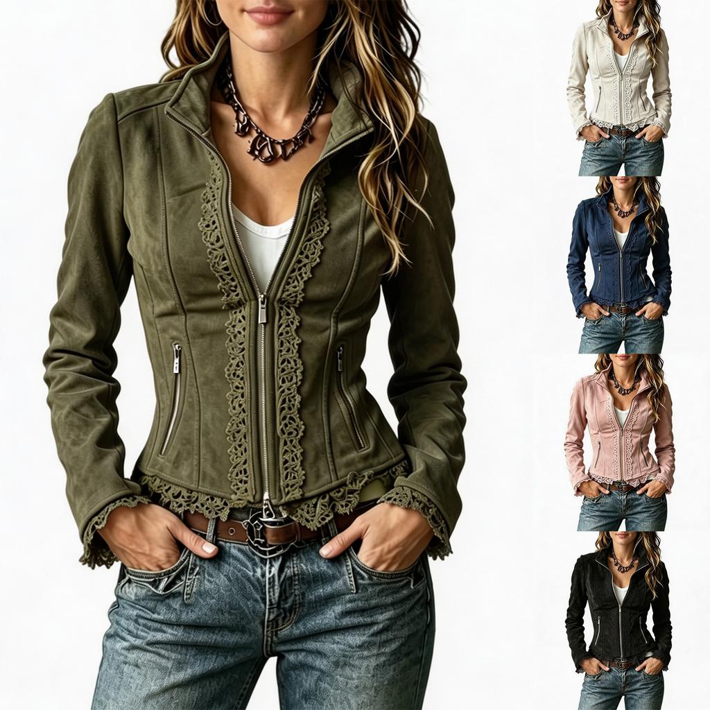 Women's Vintage Slim Fit Long Sleeve Jacket with Lace Trim and Zipper Closure