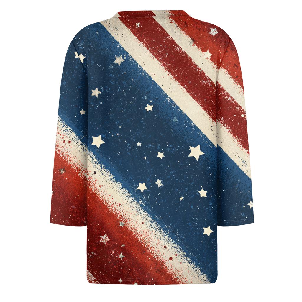 Women's Fashion Casual Seven-Sleeve Independence Day Print Round Neck Top
