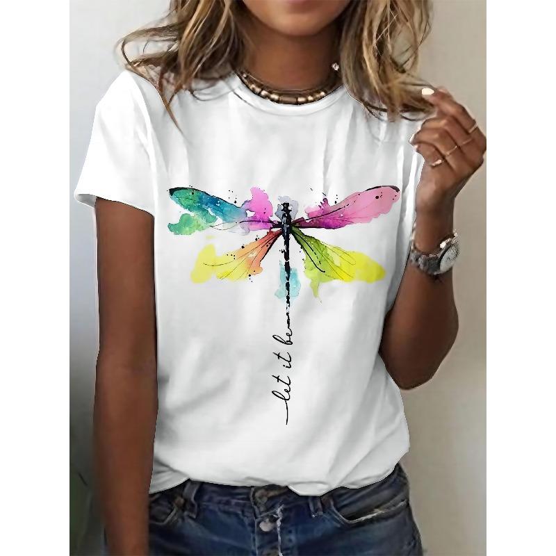 European Size Casual T-Shirt with a New Design, Featuring a 3D Dragonfly Art Print And Letters, Short Sleeves, And a Round Neckline for Women
