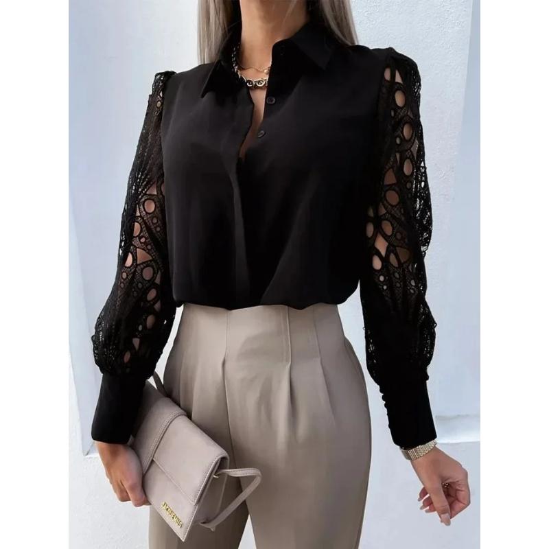 Weiße Sexy Spitze Aushöhlen Damen Bluse Herbst Frühling Schwarzes Oberteil Vintage Button-Up Hemden Langarm Tops